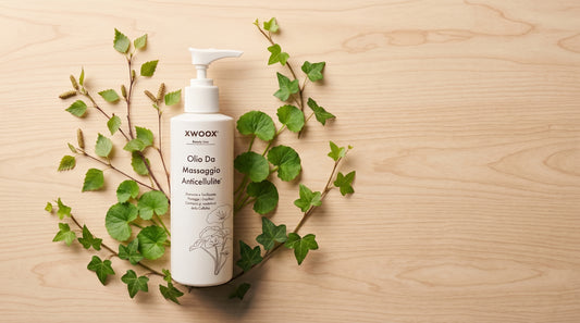 Olio anticellulite XWOOX con rametti di betulla, foglie di centella ed edera, i tre ingredienti botanici della formula