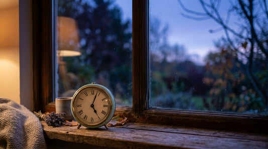 orologio e cielo al crepuscolo, simbolo del cambio ora solare e del ritmo del sonno