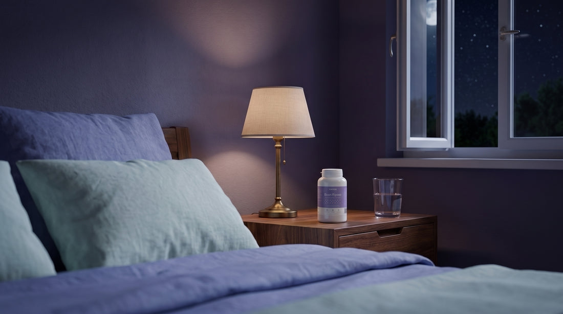 Camera da letto notturna con luce calda e integratore Buon Riposo XWOOX sul comodino, atmosfera per dormire meglio con rimedi naturali
