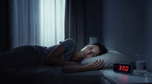 Persona sveglia di notte nel letto per insonnia, con l'integratore Buon Riposo XWOOX sul comodino