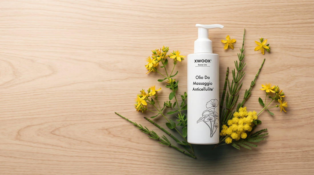 Olio anticellulite XWOOX con iperico, equiseto e mimosa, i tre ingredienti secondari della formula