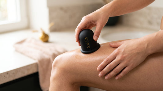 Mani che applicano la coppetta Gold-Cup XWOOX con olio anticellulite sulla gamba durante un massaggio anticellulite a domicilio fai da te