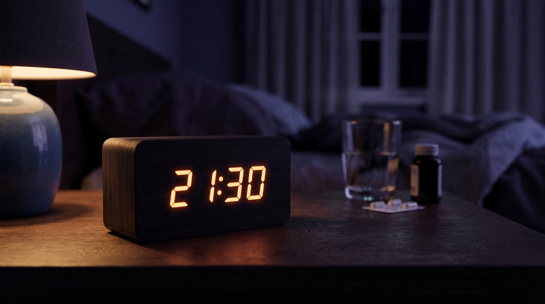 Orologio sul comodino alle 21:30, ora ideale per assumere melatonina prima di dormire