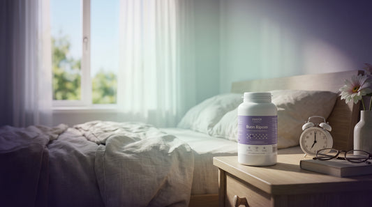 Comodino al mattino con integratore Buon Riposo XWOOX e luce naturale dalla finestra, routine per resettare il ritmo circadiano
