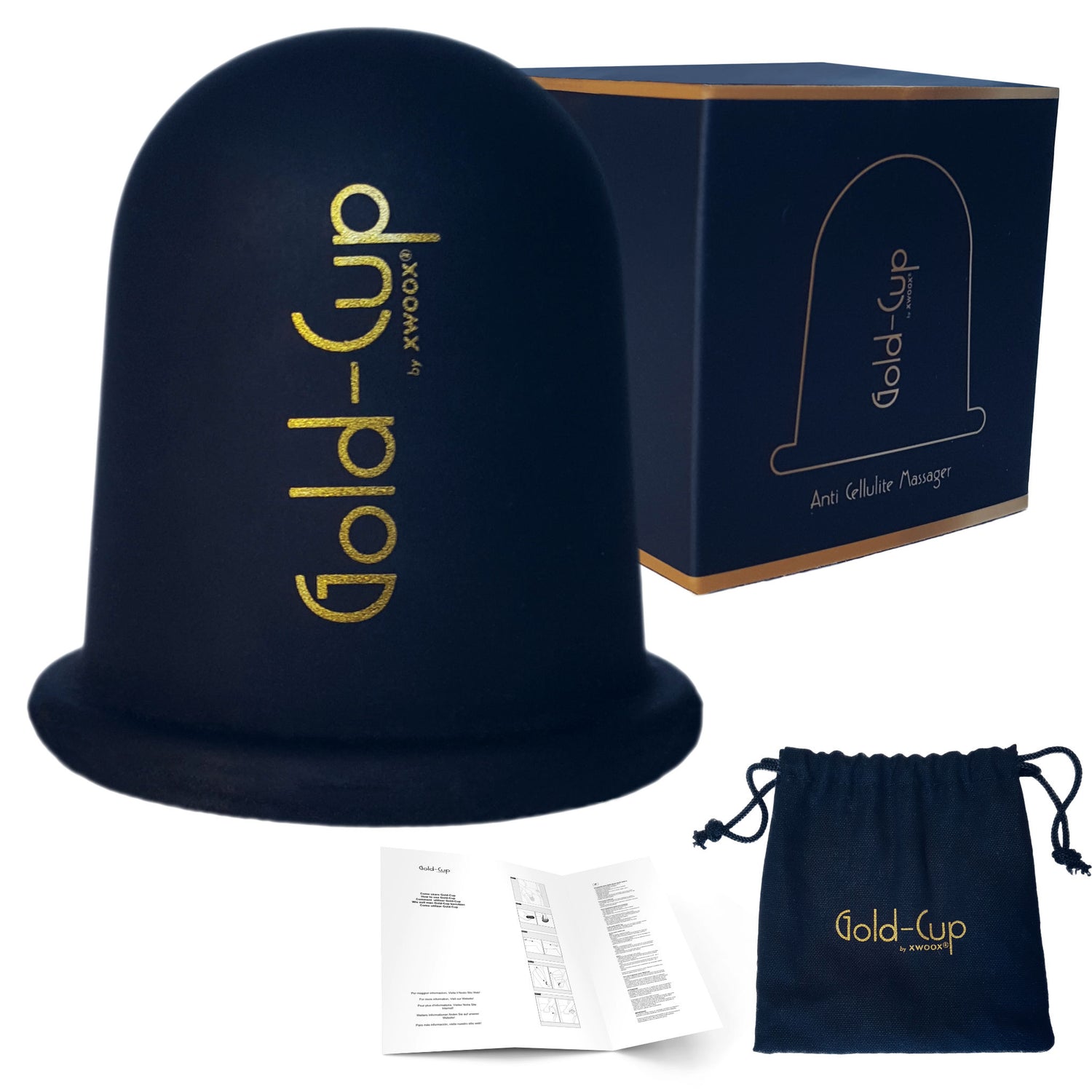 Coppetta anticellulite Gold-Cup XWOOX con packaging navy e oro