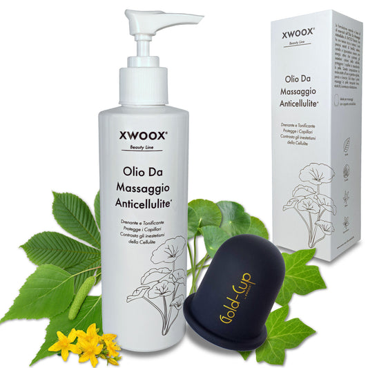 Kit anticellulite XWOOX: flacone Olio da Massaggio, coppetta Gold-Cup e confezione