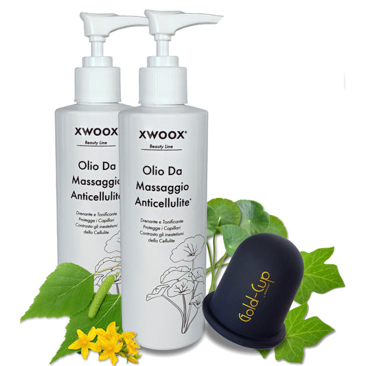 Kit anticellulite XWOOX con due flaconi di Olio da Massaggio e coppetta Gold-Cup tra erbe officinali
