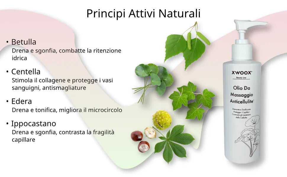Principi attivi naturali del kit anticellulite XWOOX: betulla, centella, edera e ippocastano