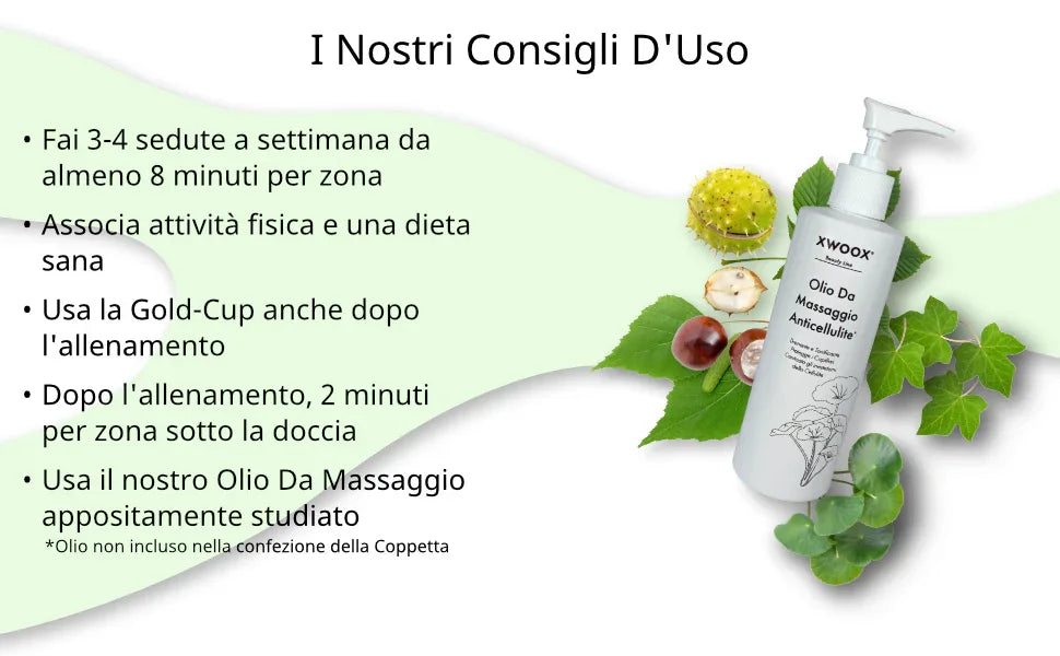 Consigli d'uso della coppetta anticellulite Gold-Cup XWOOX con olio da massaggio