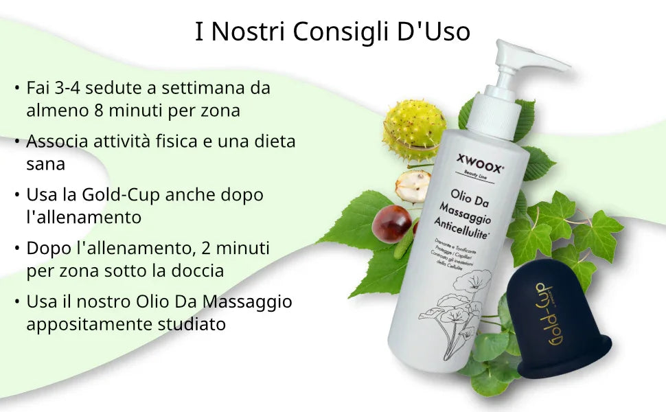 Consigli d'uso del kit anticellulite XWOOX con olio da massaggio e coppetta Gold-Cup