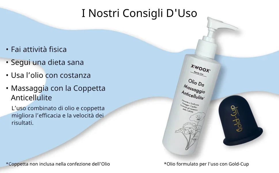 Consigli d'uso dell'Olio da Massaggio Anticellulite XWOOX con Gold-Cup per massima efficacia