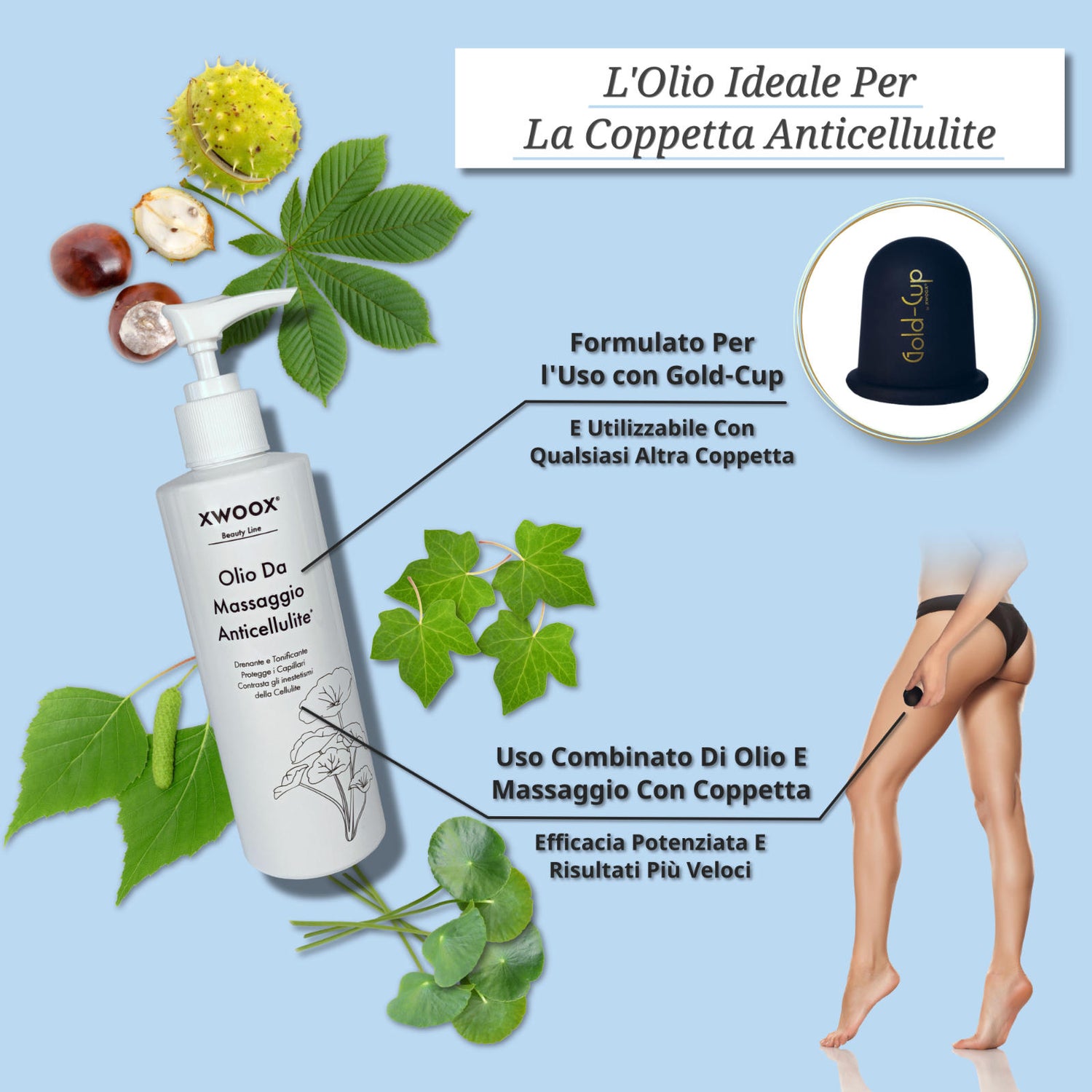 Olio anticellulite XWOOX usato con coppetta Gold-Cup per risultati potenziati