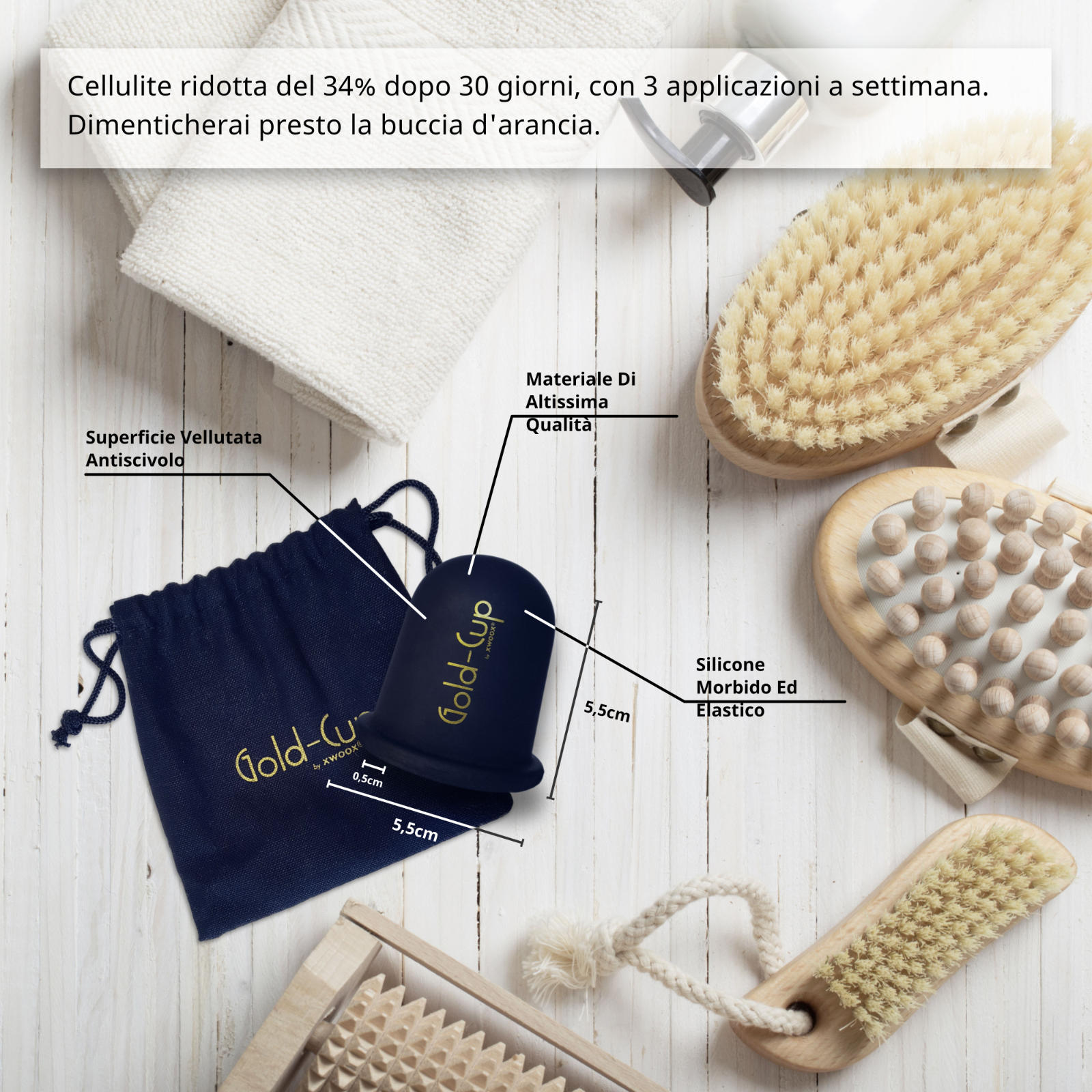 Coppetta anticellulite Gold-Cup XWOOX in silicone con sacchetto e dettagli sui materiali di qualità