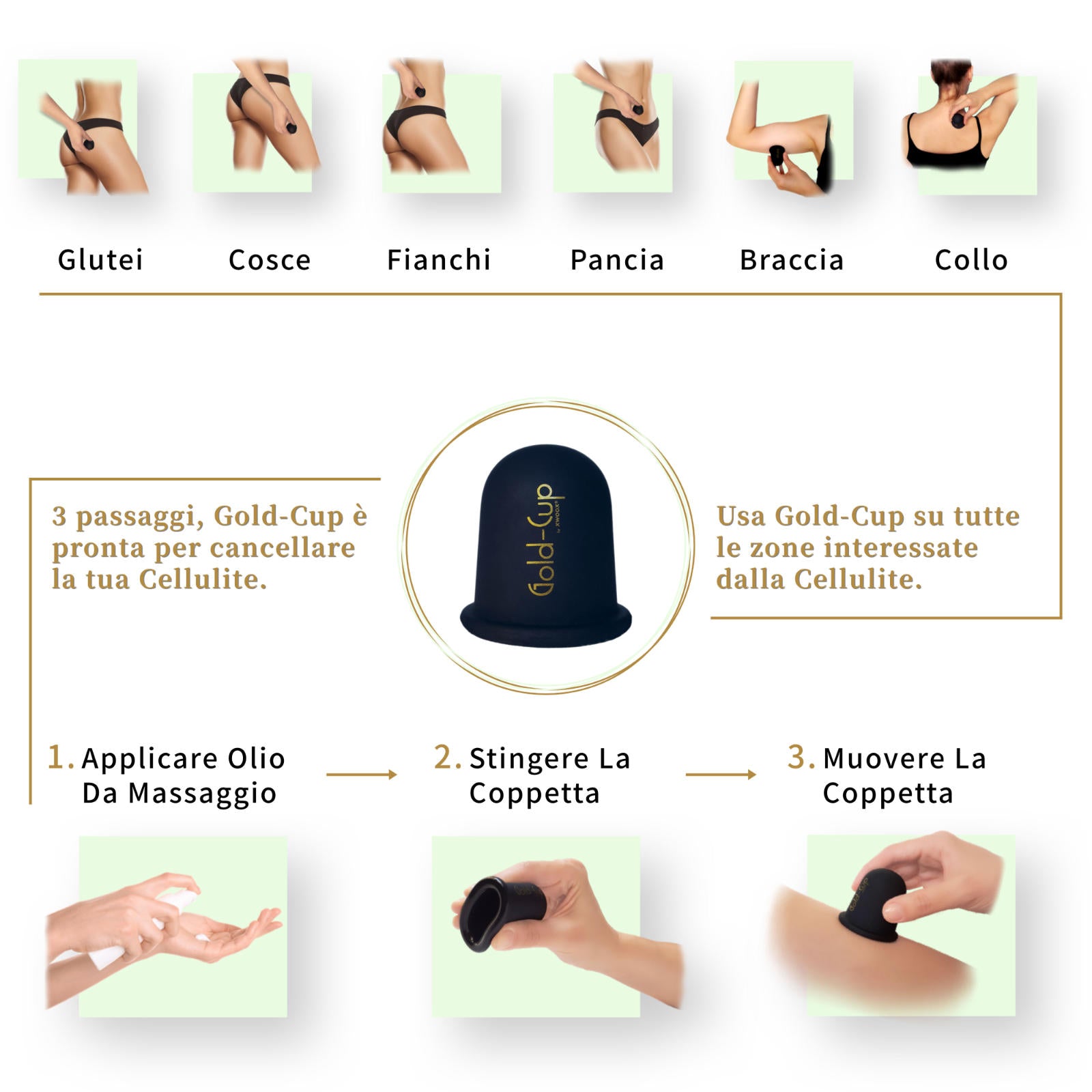  Come usare la coppetta anticellulite Gold-Cup in 3 step: applicare olio, stringere, muovere