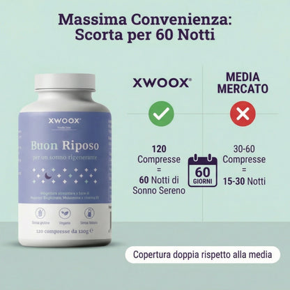 Integratore Buon Riposo XWOOX: scorta per 60 notti con 120 compresse, doppia copertura
