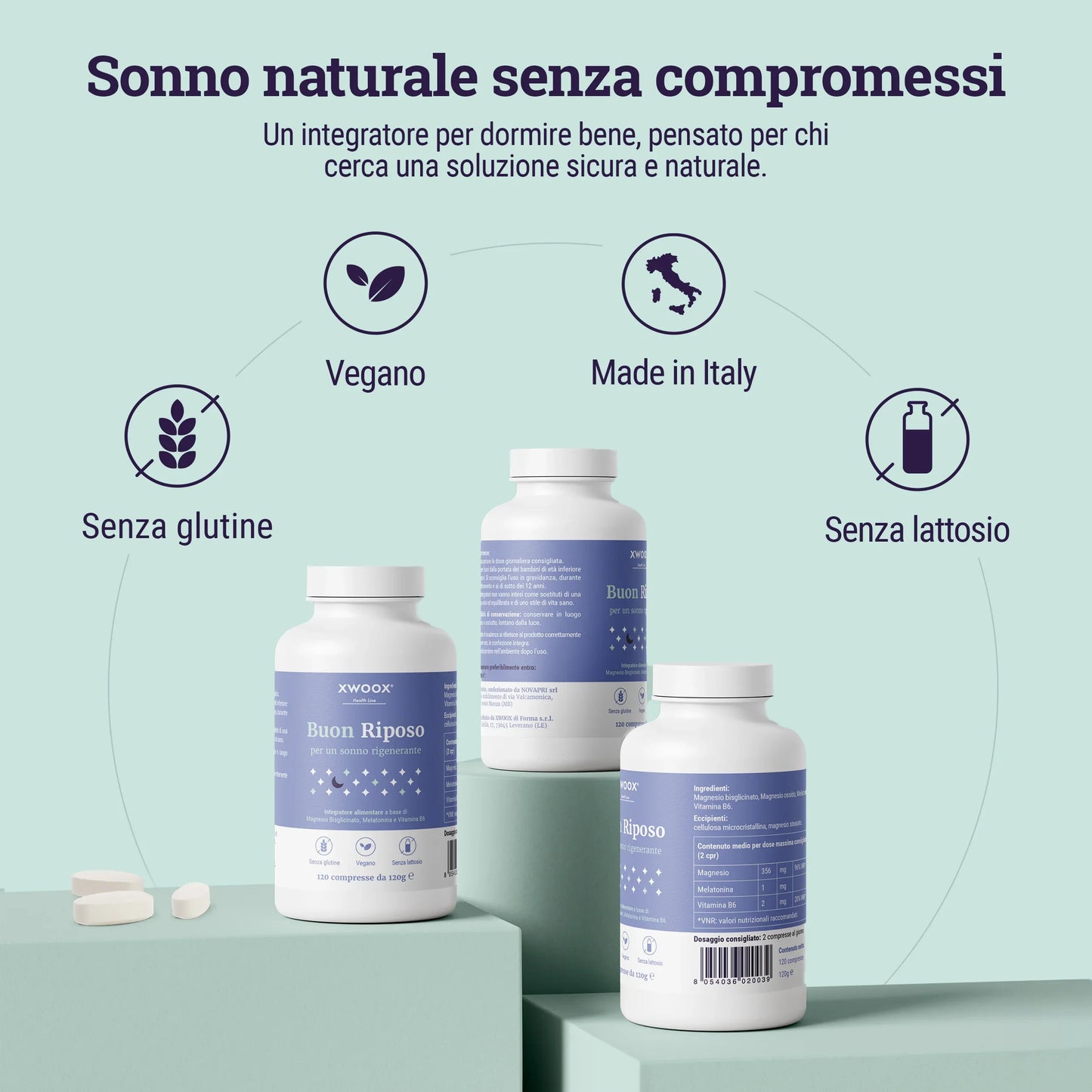 Integratore per il sonno Buon Riposo XWOOX: vegano, senza glutine e lattosio, Made in Italy