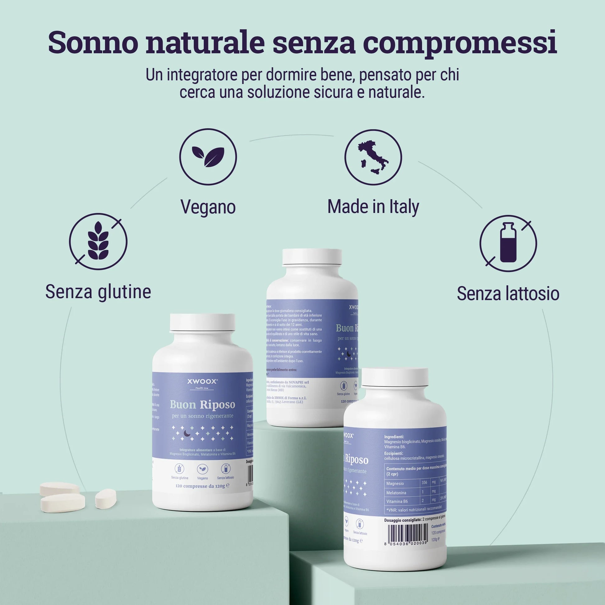 Integratore per il sonno Buon Riposo XWOOX: vegano, senza glutine e lattosio, Made in Italy