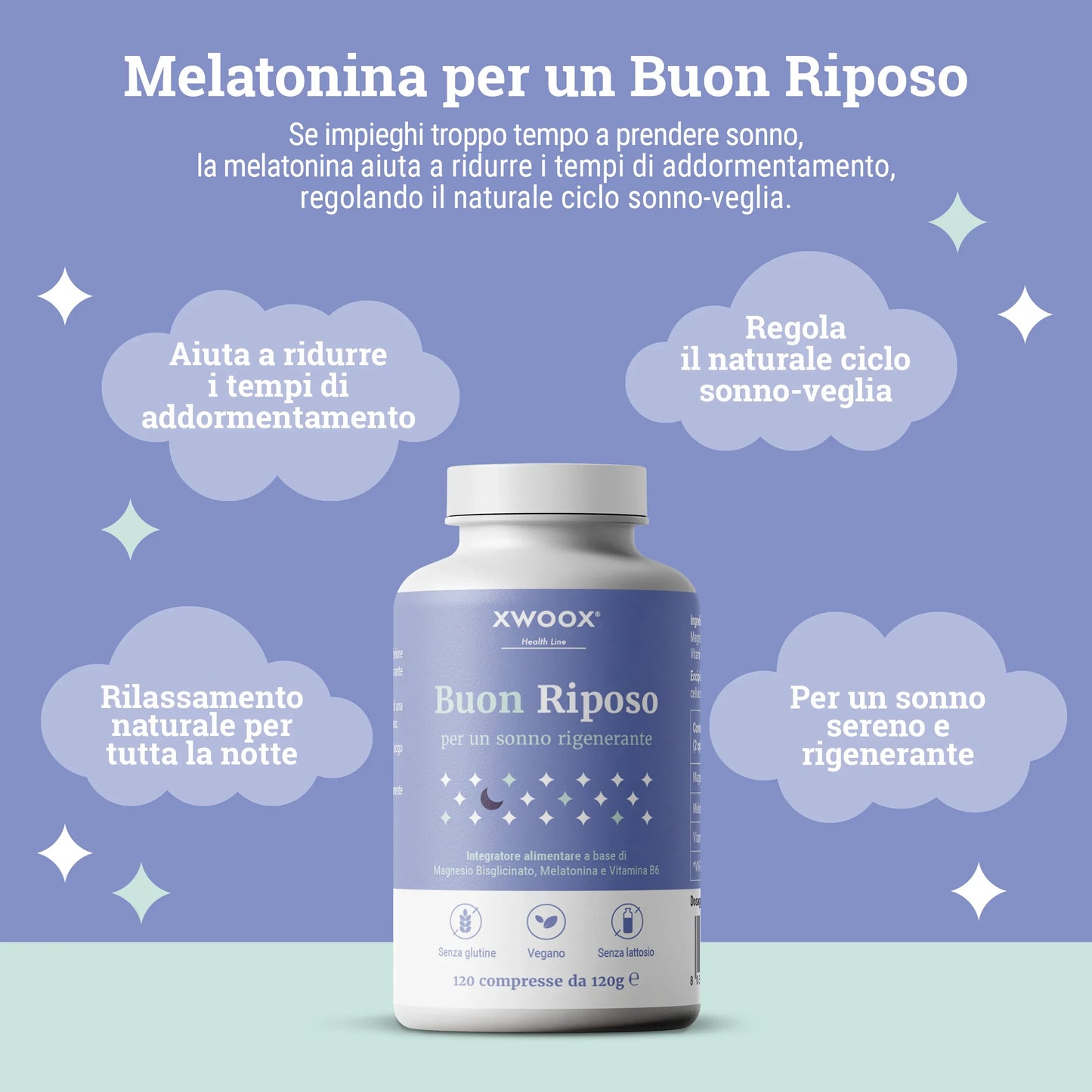 Melatonina dell'integratore Buon Riposo XWOOX per ridurre i tempi di addormentamento