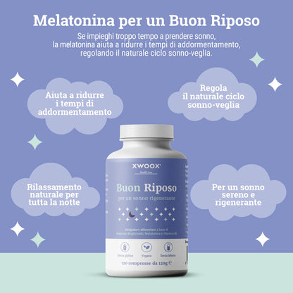 Melatonina dell'integratore Buon Riposo XWOOX per ridurre i tempi di addormentamento