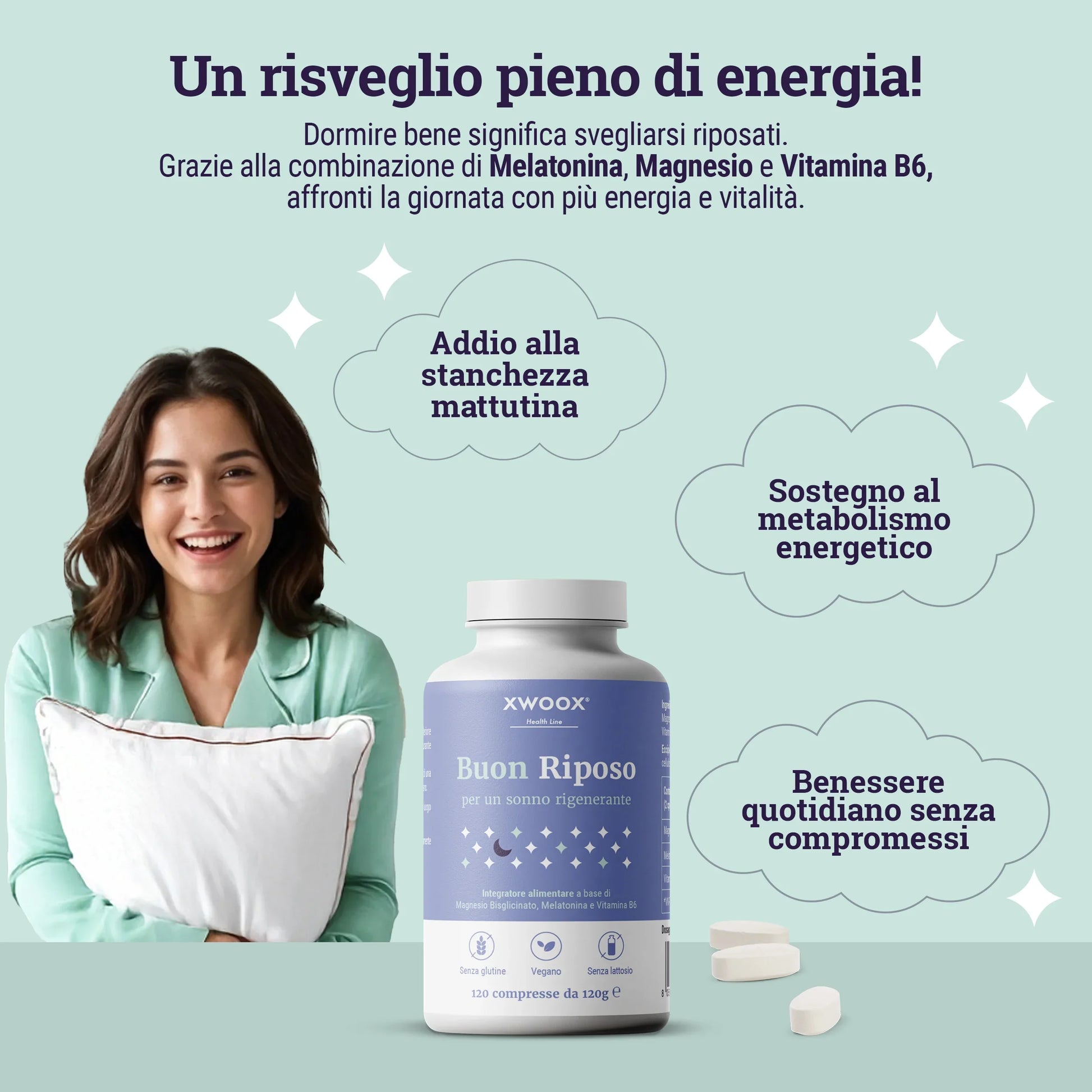 Risveglio pieno di energia con l'integratore Buon Riposo XWOOX a base di melatonina, magnesio e vitamina B6