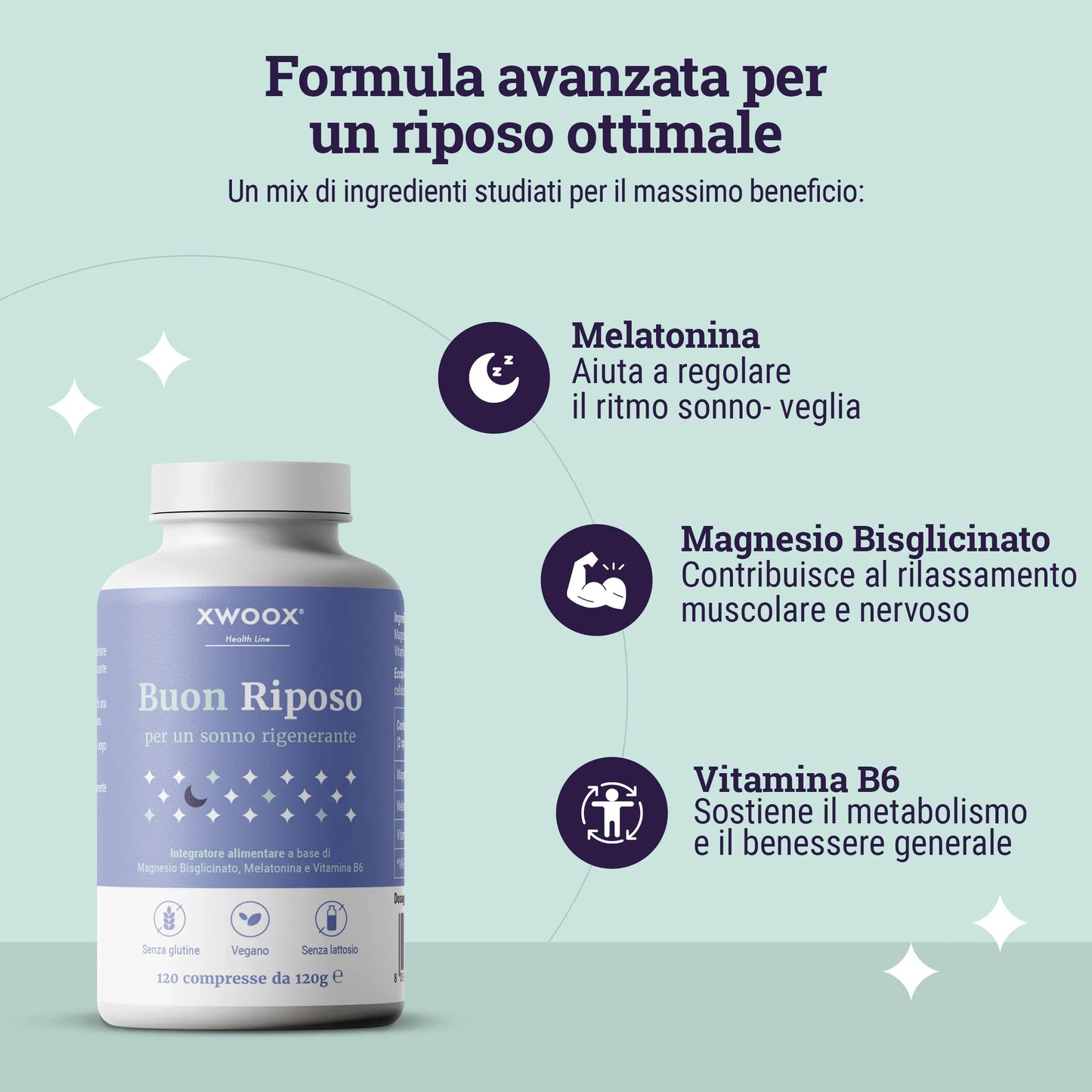 Formula dell'integratore Buon Riposo XWOOX: melatonina, magnesio bisglicinato e vitamina B6
