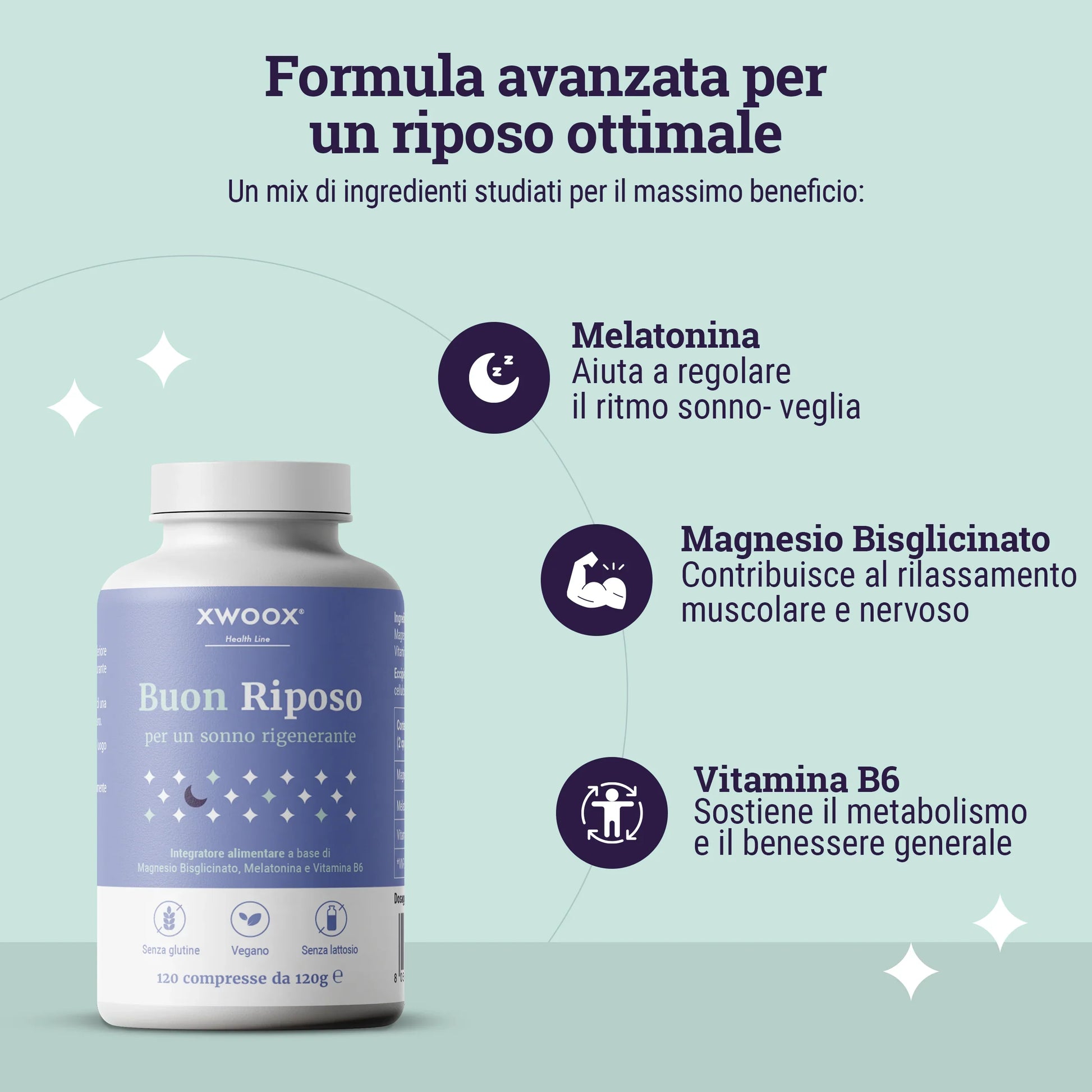Formula dell'integratore Buon Riposo XWOOX: melatonina, magnesio bisglicinato e vitamina B6