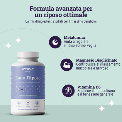 Formula dell'integratore Buon Riposo XWOOX: melatonina, magnesio bisglicinato e vitamina B6