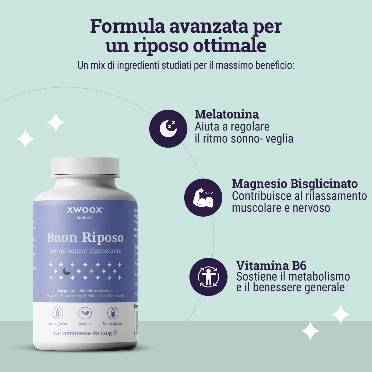 Formula Buon Riposo XWOOX: melatonina ritmo sonno-veglia, magnesio bisglicinato rilassamento, vitamina B6