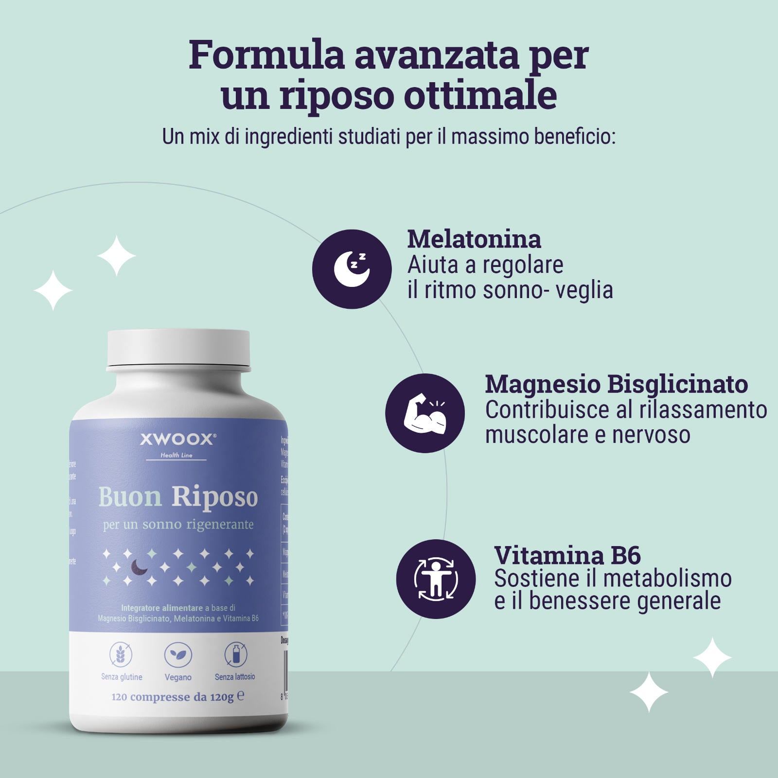 Formula Buon Riposo XWOOX: melatonina ritmo sonno-veglia, magnesio bisglicinato rilassamento, vitamina B6