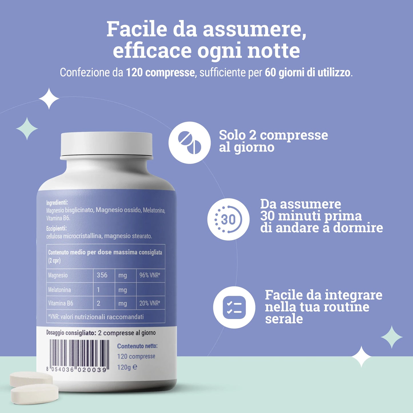Modalità d'uso dell'integratore Buon Riposo XWOOX: 2 compresse 30 minuti prima di dormire