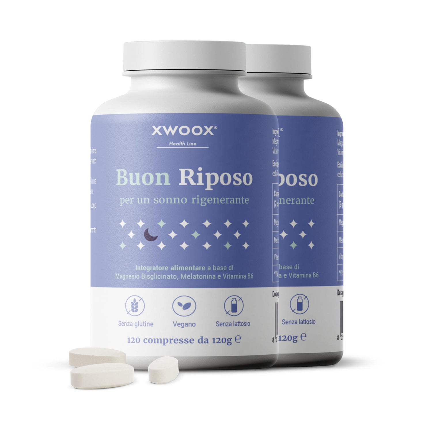 Due confezioni dell'integratore per il sonno Buon Riposo XWOOX con compresse