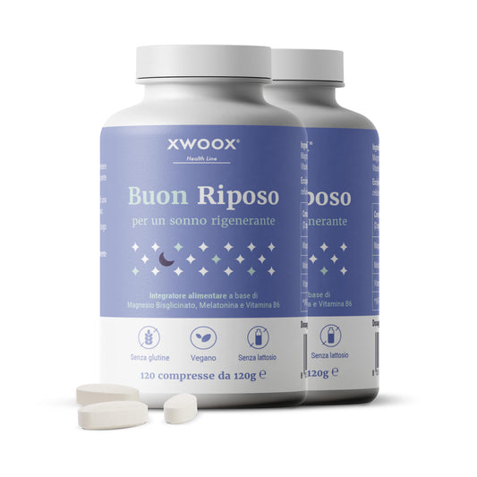 Due confezioni dell'integratore per il sonno Buon Riposo XWOOX con compresse