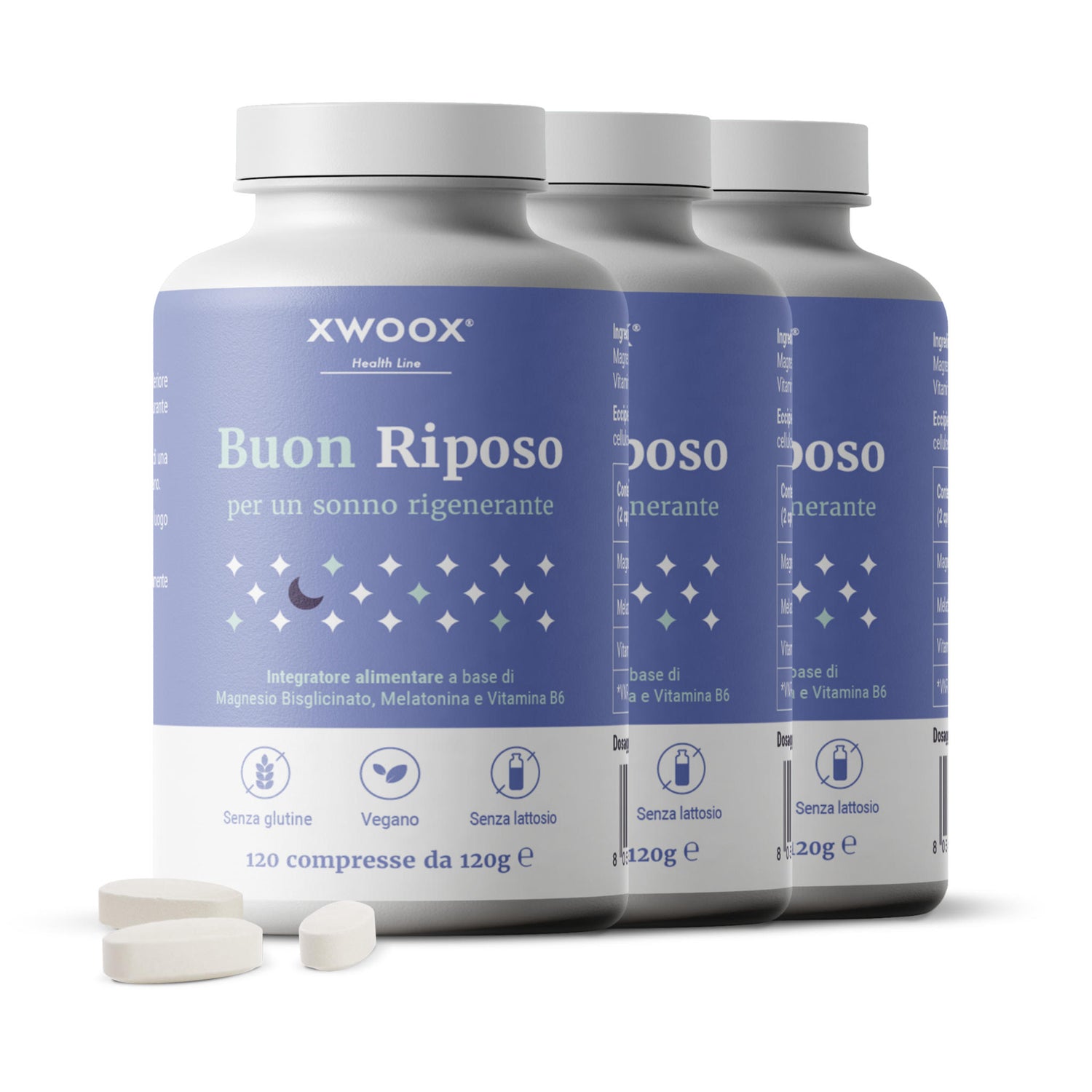 Tre confezioni dell'integratore per il sonno Buon Riposo XWOOX con compresse