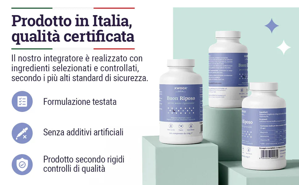 Integratore Buon Riposo XWOOX prodotto in Italia con qualità certificata e senza additivi artificiali