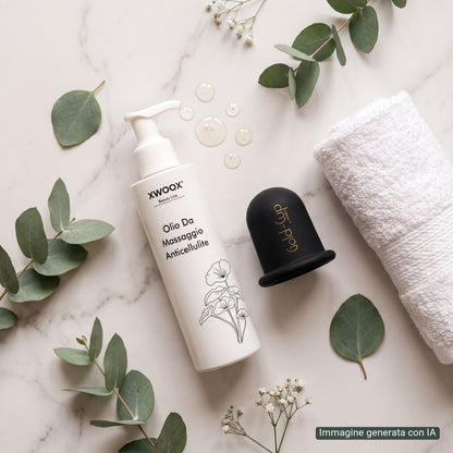 Kit XWOOX olio anticellulite e coppetta Gold-Cup, sequenza d'uso in flat-lay su marmo