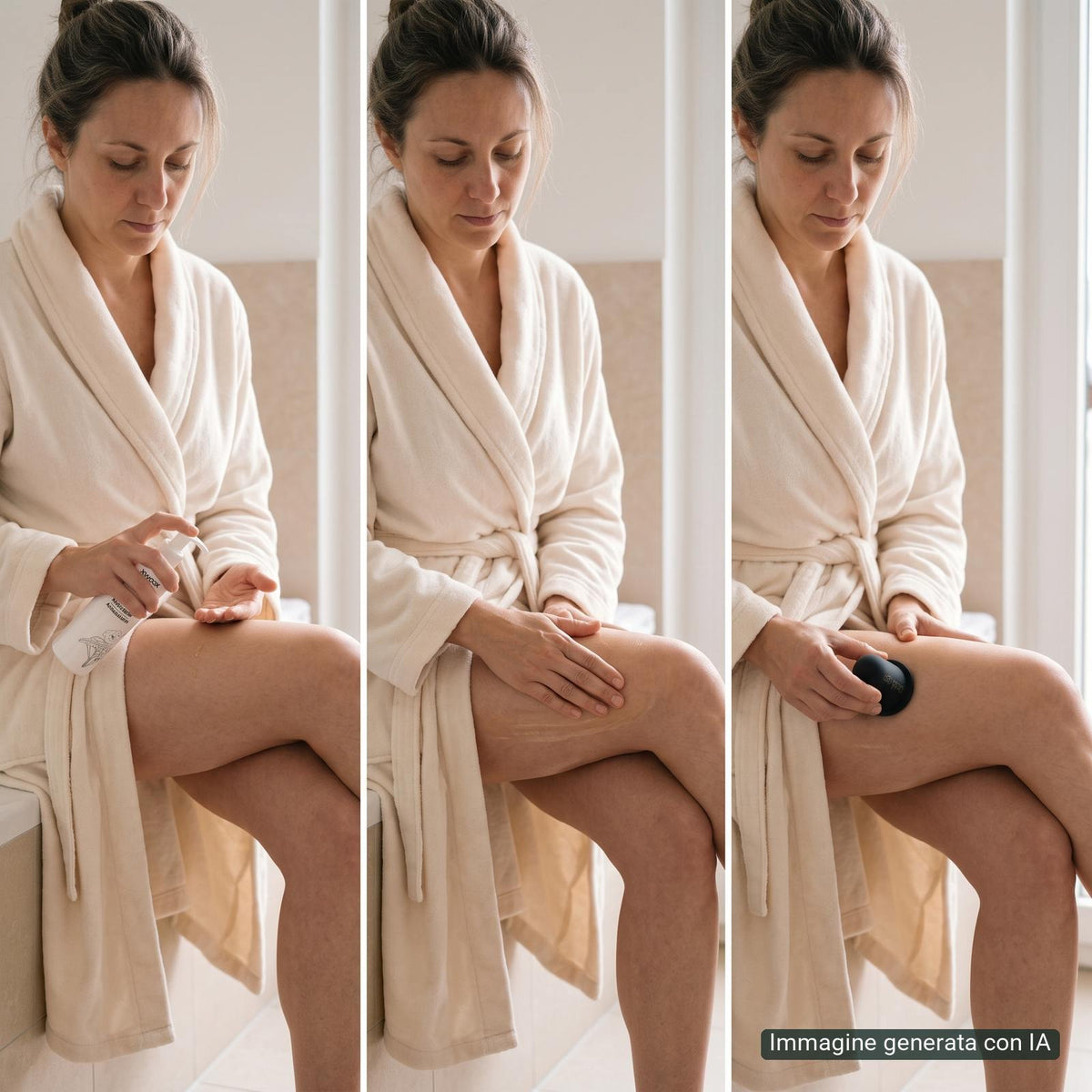 Trittico del rituale XWOOX: applicazione olio, massaggio e coppetta Gold-Cup sulla gamba