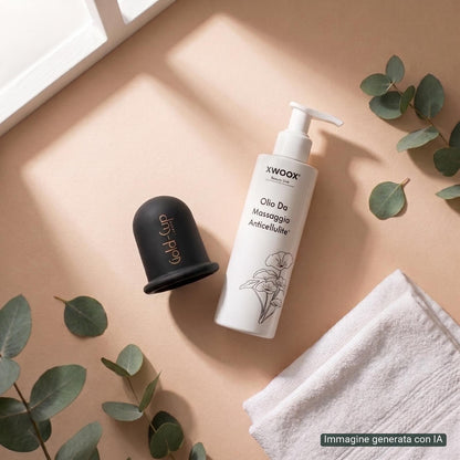 Olio anticellulite e coppetta Gold-Cup XWOOX insieme, flat-lay con asciugamano ed eucalipto