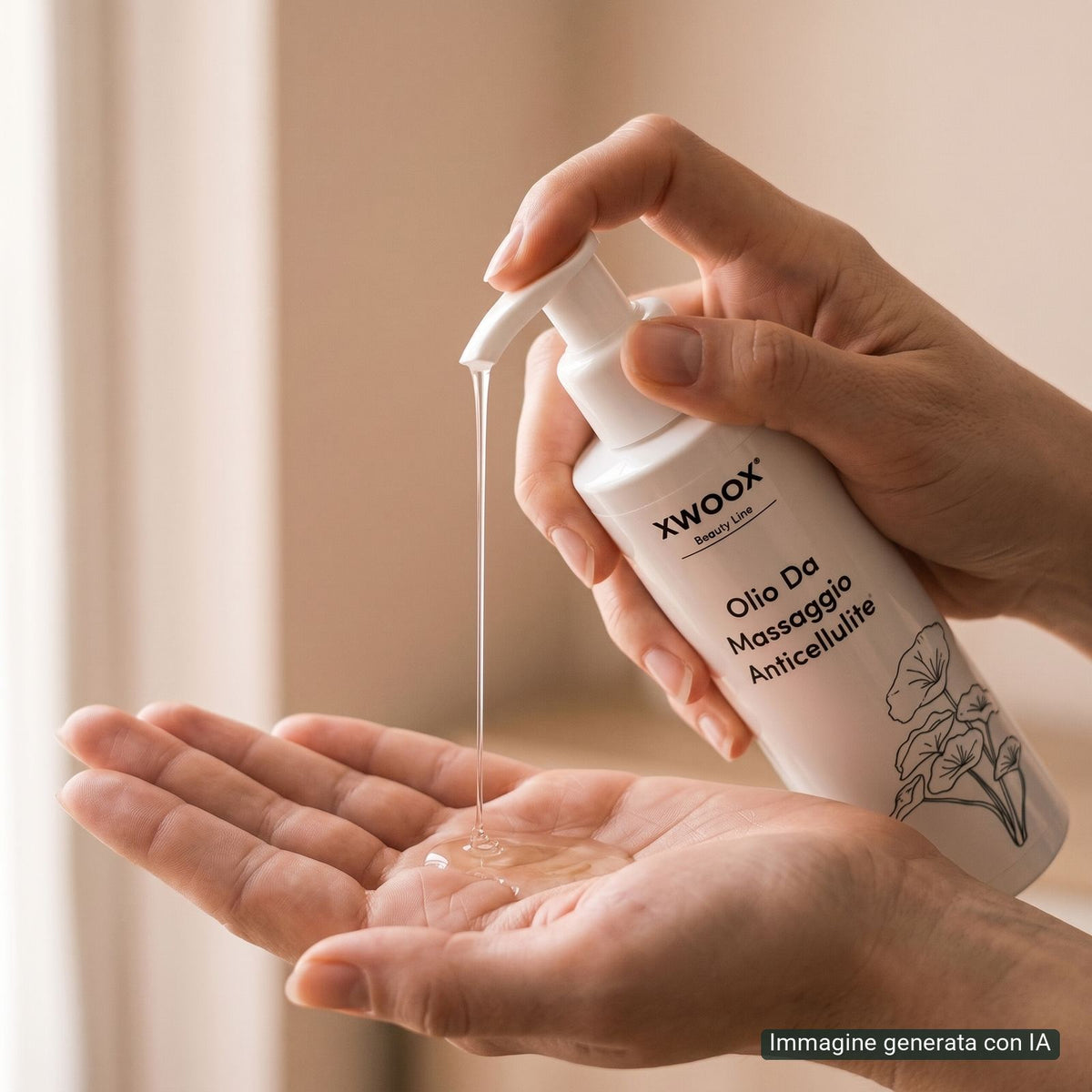 Dose di olio anticellulite XWOOX erogata dal dispenser sul palmo della mano