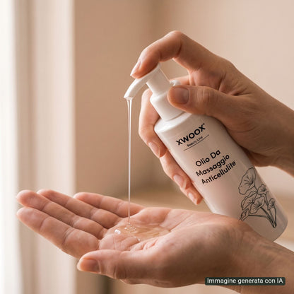 Dose di olio anticellulite XWOOX erogata dal dispenser sul palmo della mano