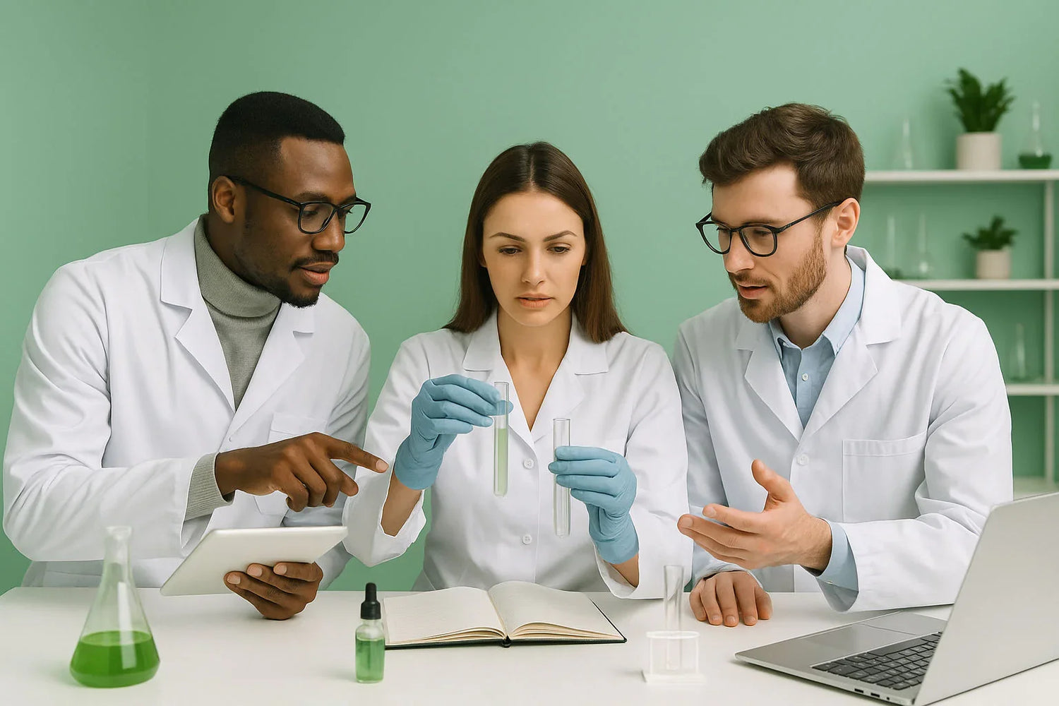Team di ricercatori XWOOX in camice bianco che analizzano formule in laboratorio