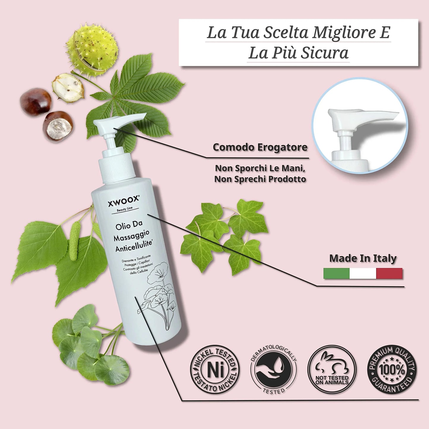 Flacone Olio da Massaggio Anticellulite XWOOX con erogatore, ingredienti naturali e Made in Italy