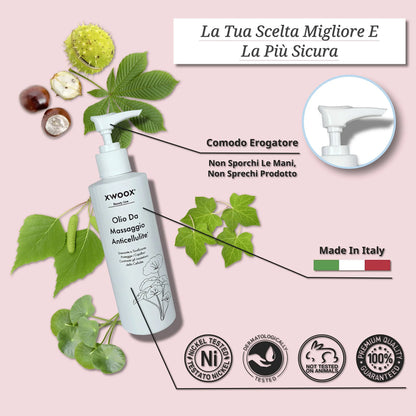 Flacone Olio da Massaggio Anticellulite XWOOX con erogatore, ingredienti naturali e Made in Italy