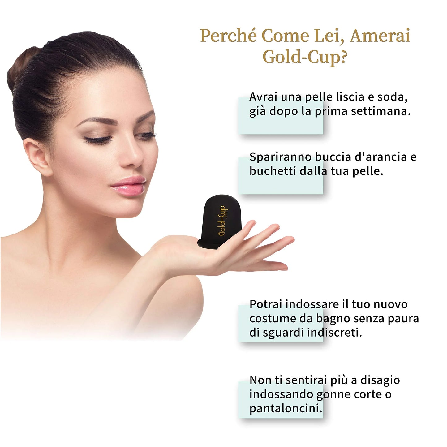 Donna mostra la coppetta anticellulite Gold-Cup XWOOX e i suoi benefici sulla pelle