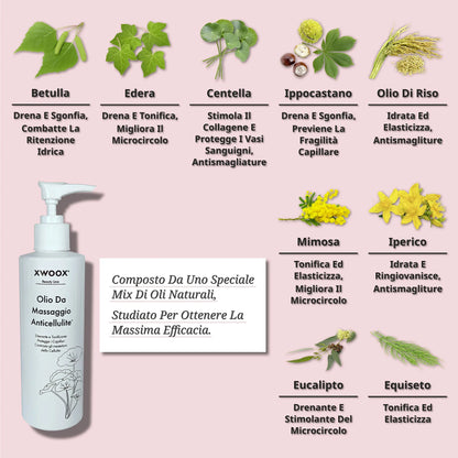 Ingredienti naturali dell'Olio Anticellulite XWOOX: betulla, edera, centella e ippocastano