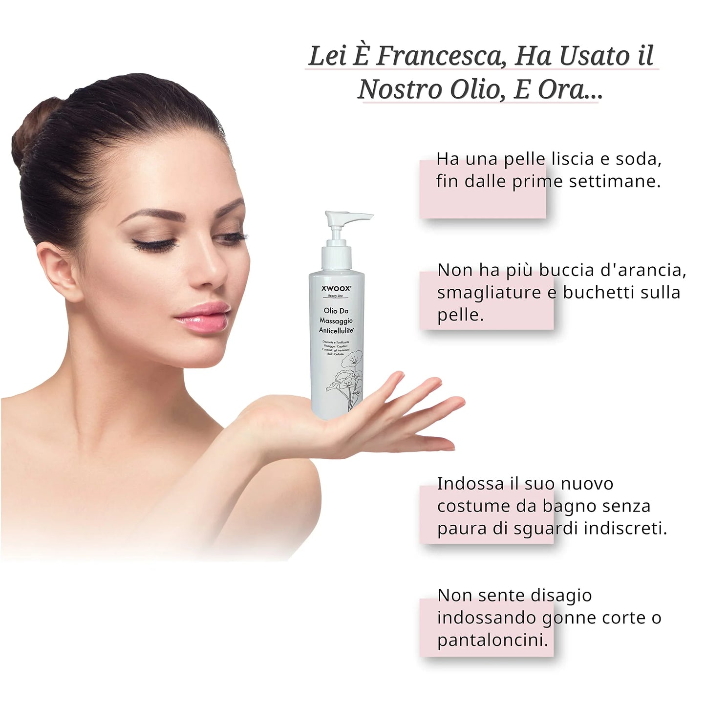 Donna con pelle liscia mostra i benefici dell'Olio da Massaggio Anticellulite XWOOX
