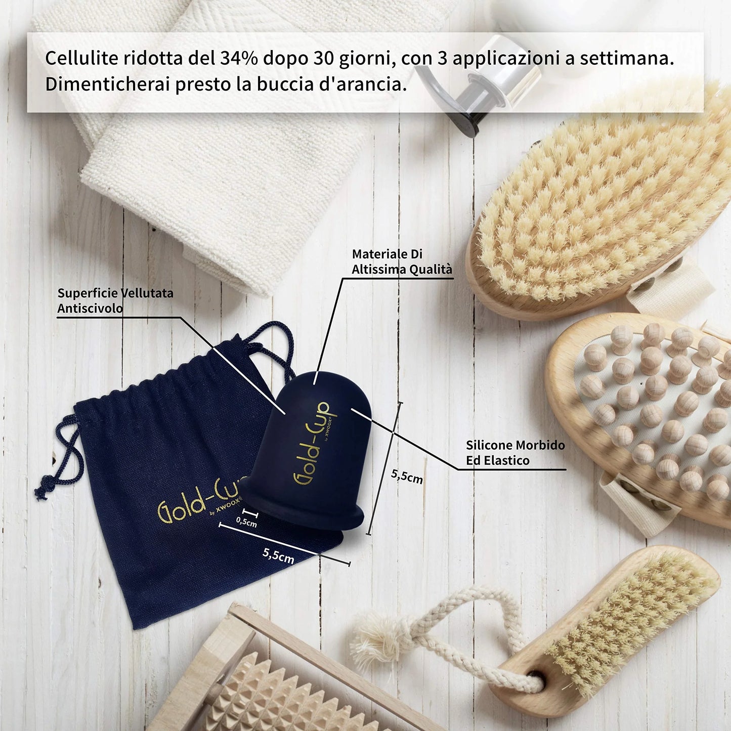 Coppetta anticellulite Gold-Cup XWOOX in silicone morbido, dimensioni e materiali a confronto