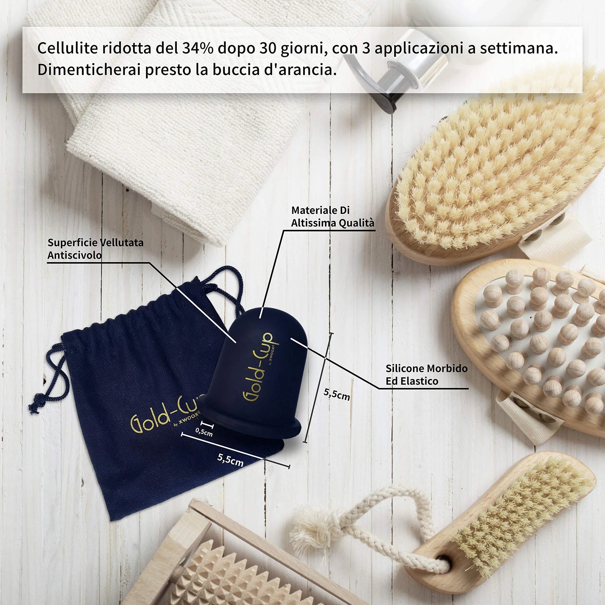 Coppetta anticellulite Gold-Cup XWOOX in silicone morbido, dimensioni e materiali a confronto