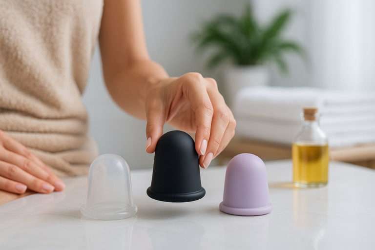 Mano femminile confronta diverse coppette anticellulite in silicone trasparente, nera e lilla su piano bianco, con olio da massaggio e asciugamani sullo sfondo.