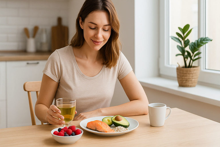 Donna in cucina luminosa prepara un pasto con cibi sani per la dieta anticellulite come avocado, frutti rossi, salmone e tè verde.
