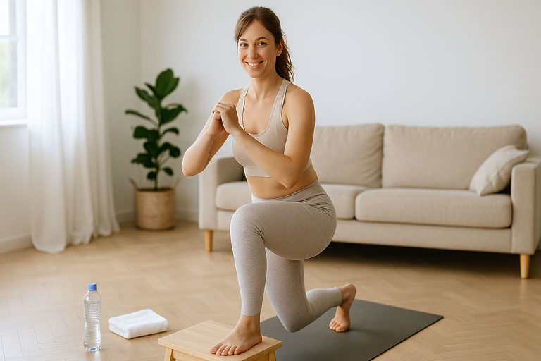 Donna esegue esercizi di ginnastica anticellulite come affondi o squat in soggiorno ordinato, con luce naturale.